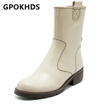 

GPOKHDS 2021 women Ankle boots Cow leather Winter short plush Round Toe Zipper Med heels female Riding boots size 40