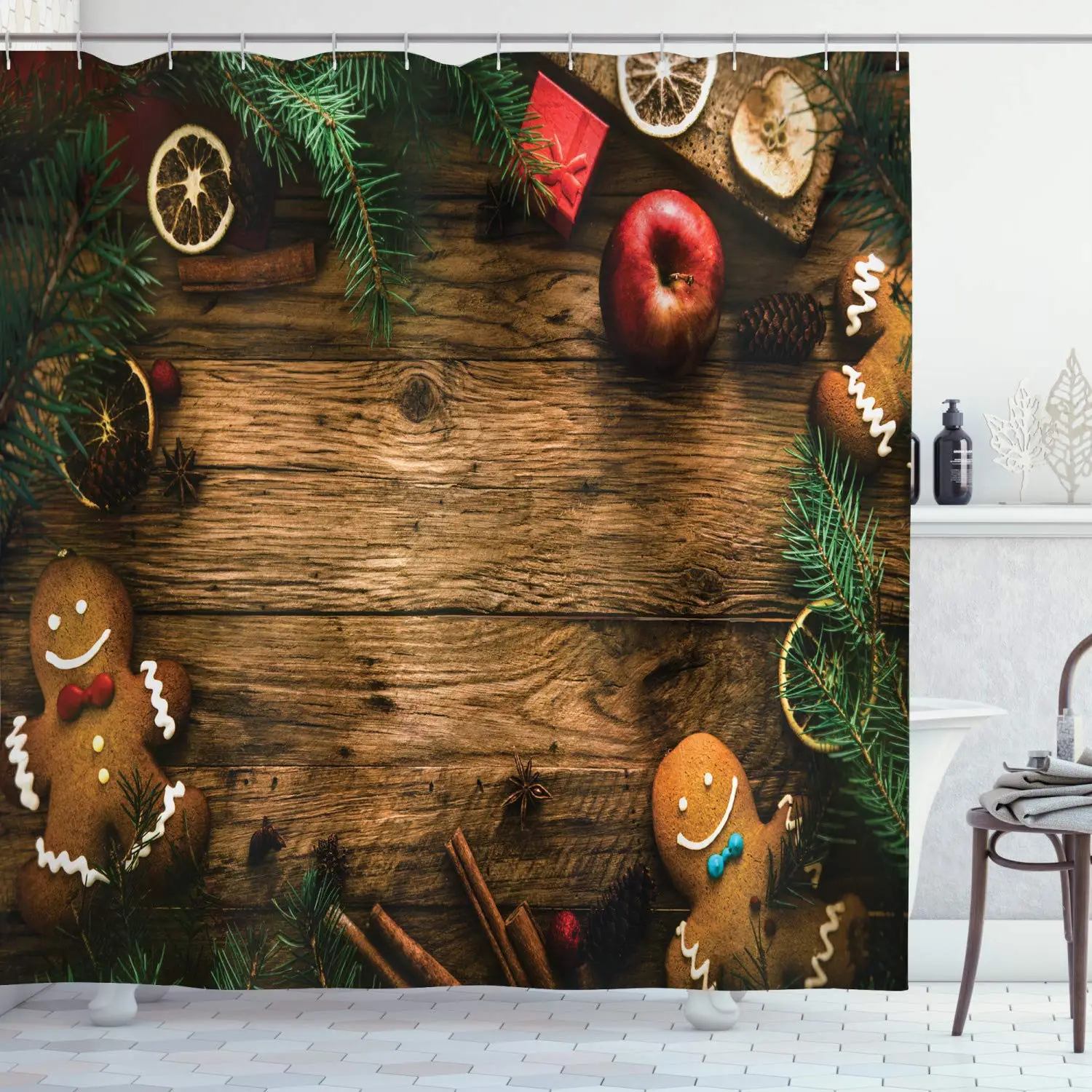 Christmas Shower Curtain Gingerbread Man Gift Box Coniferous Pine Cinnamon Dessert on Rustic Wood Theme Bathroom | Дом и сад
