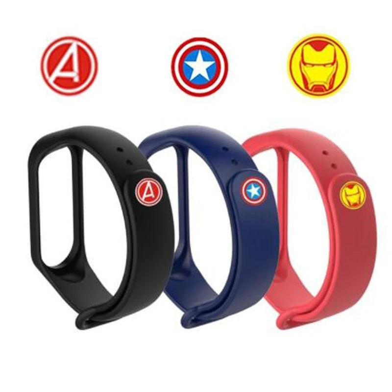 

Wristband Marvel The Avengers Pattern Metal Button For Xiaomi Mi Band 4 3 Smart Band Miband Silicone Wrist Strap Buckle Bracelet