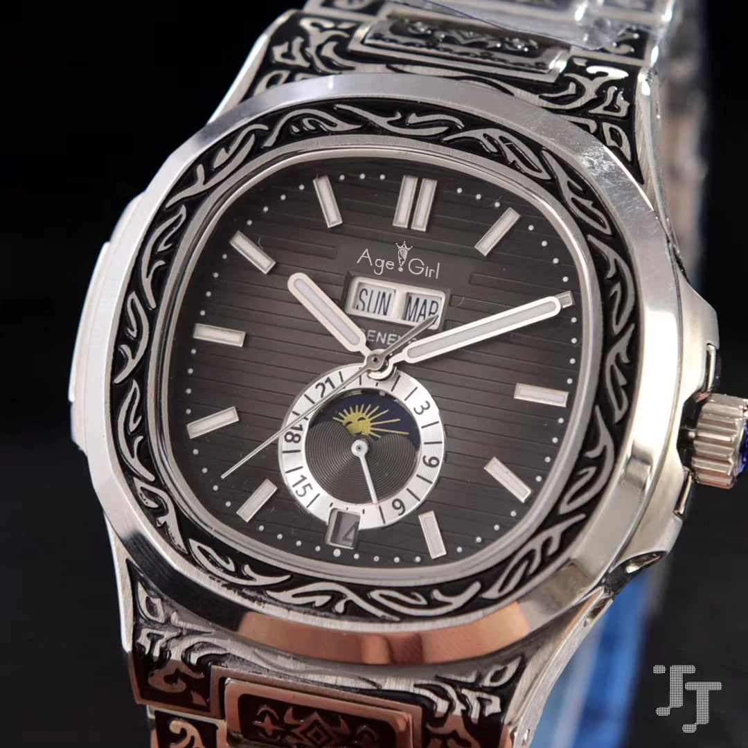 

Famous Brand New Men Stainless Steel Automatic Mechanical DayDate Transparent MoonPhase Sapphire Geneve Vintage Carved Watch