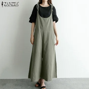 

2020 New ZANZEA Women Overalls Rompers Plus Size S-5XL Sleeveless Dungarees Long Trousers Wide Leg Pants Cotton Long Jumpsuits