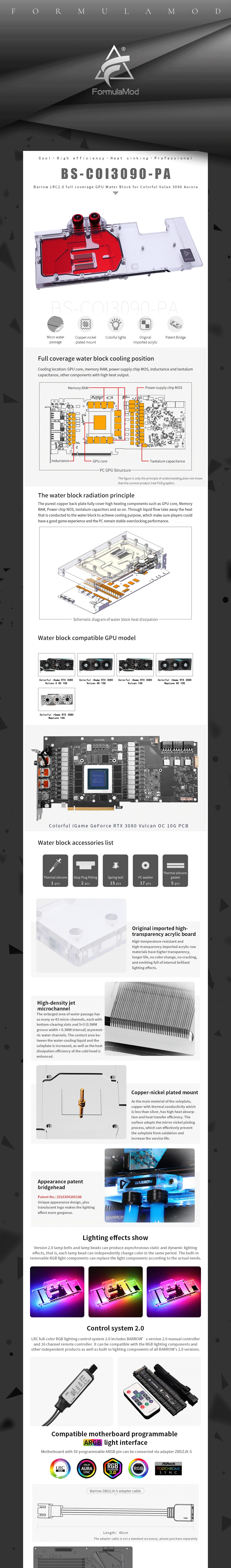 Barrow 3080 GPU Water Block for Colorful iGame RTX 3080 Vulan X OC, Full Cover ARGB GPU Cooler, BS-COI3090-PA  