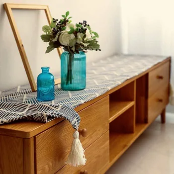 

Cotton Linen Cabinet Teapoy Table Japanese Style Strip Table Runner Furniture Dust Cover Cloth Four Corners Tassels Decora