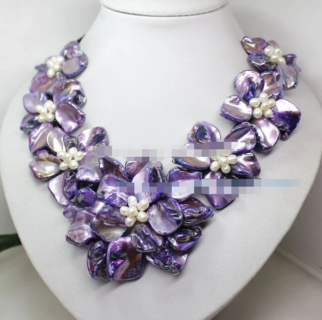 1004+++ белый жемчуг фиолетовый перламутр ракушка плетение цветок ожерелье 1" Мода драгоценность