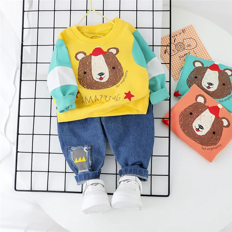 Комплект одежды из хлопка для мальчиков и девочек 0-5 лет, весенний Повседневный Детский костюм для активного отдыха с героями мультфильмов, детская одежда для малышей, футболка+ штаны