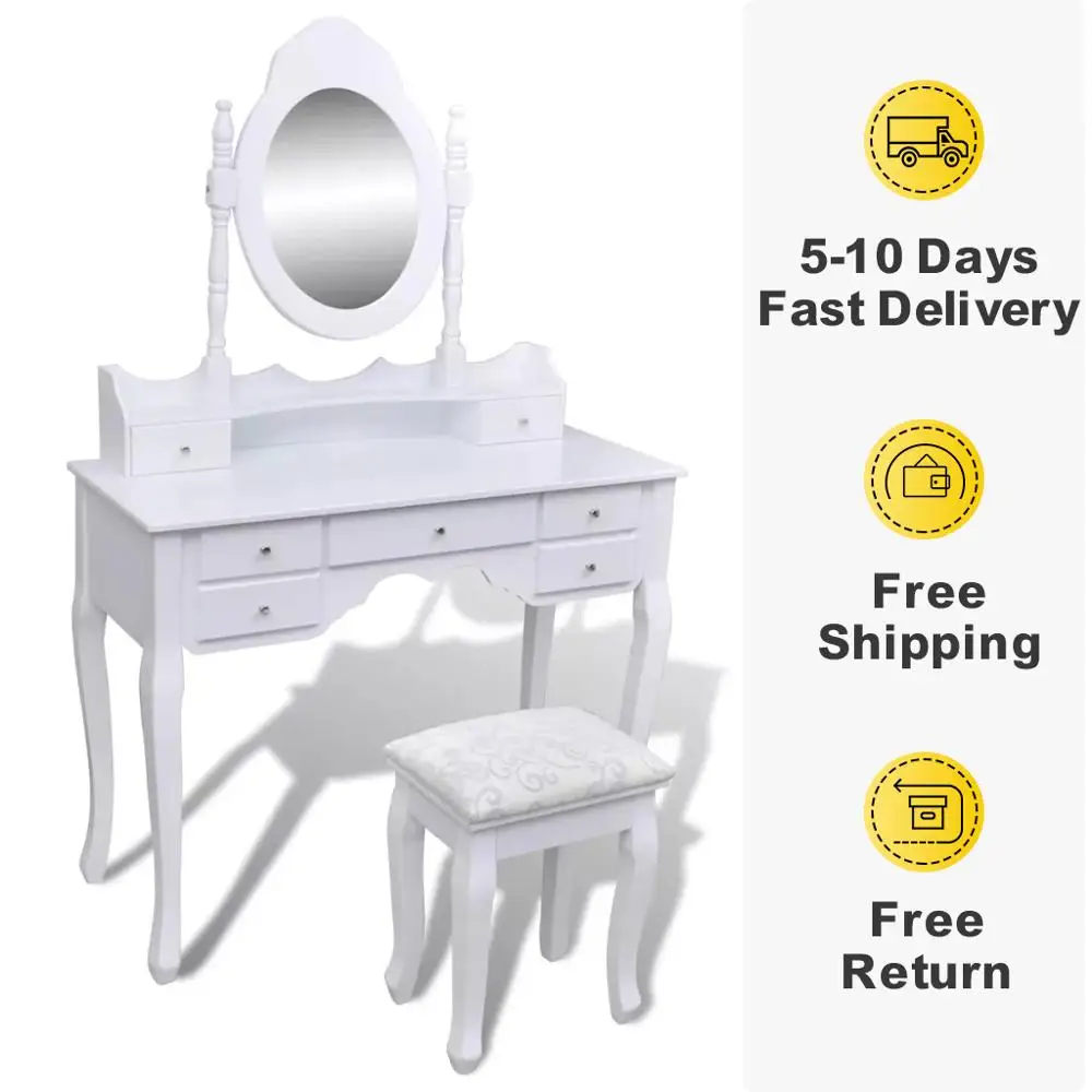 Modern White 7 Wooden Drawers Mirror Dresser Makeup Table of Pine Wood Jewelry Cabinet with and Stool for Bedroom | Мебель