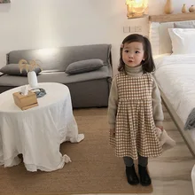 Зимнее милое шерстяное платье-сарафан в клетку для девочек, теплое флисовое платье принцессы без рукавов
