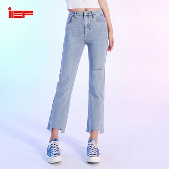 

IEF Summer Hole Jeans Fashion Women High Waist Solid Loose Straight Female Ankle-length Pants 1427A-D6231-9-