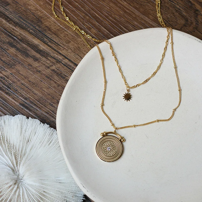 Timeless Wonder Titanium Sunburst Coin Chains Layered Necklace Stainless Steel Jewelry Punk Top Boho Gothic Trendy Gold 2121