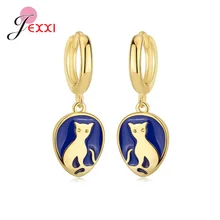 

Korean Style Personality Blue Enamel Simple Temperament Cute Cat Hoop Earrings Female Ear Buckle Fresh 925 Silver Jewelry