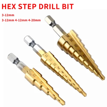 

HSS Hex Titanium Cone Drill Bit Hole Cutter For Sheet Woodworking Wood Metal Drilling Power Tools 3-12mm/3-12mm 4-12mm 4-20mm