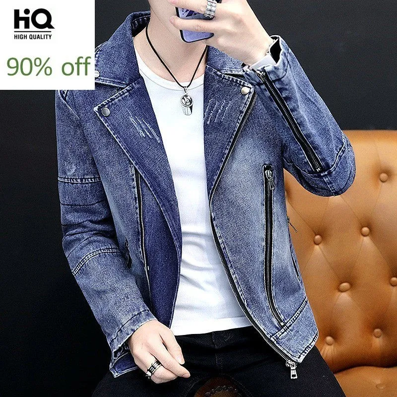 

Men Casual Denim Coats Autumn 2020 New High Street Biker Jacket Fashion Solid Color Zipper Slim Fit Male College Jean Jacket