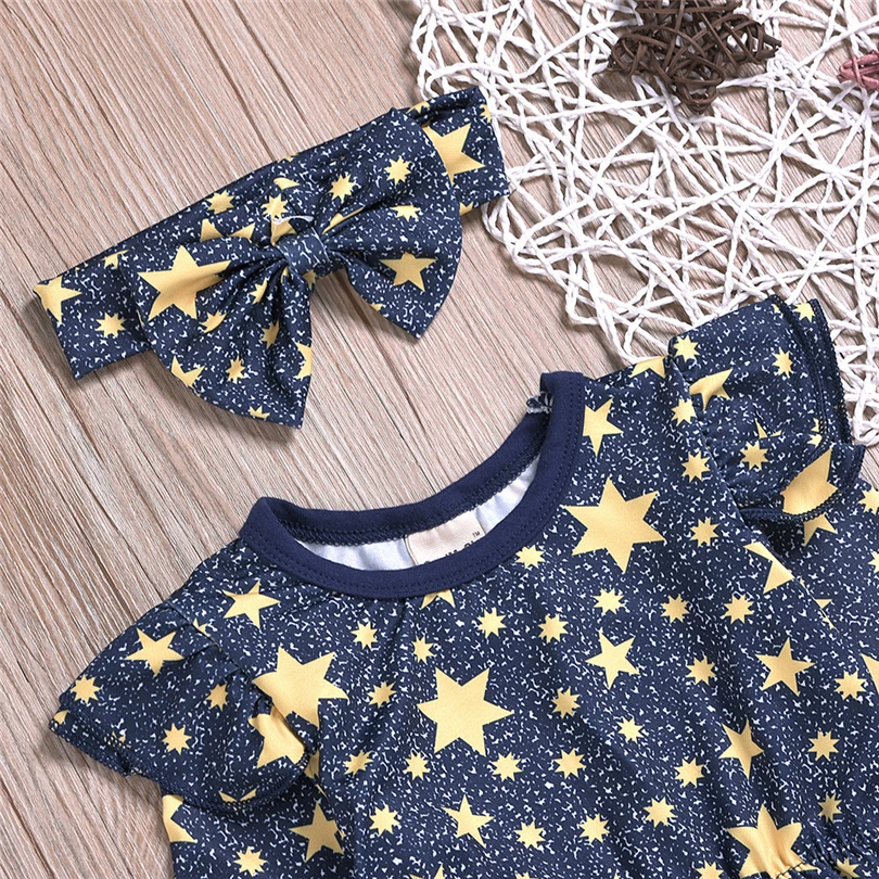 Baby Girls Bodysuit Infant Stars Printed Ruffles Tassel Newborns Clothes Autumn Long Sleeve Jumpsuit+ Headband Set 0-24M A20