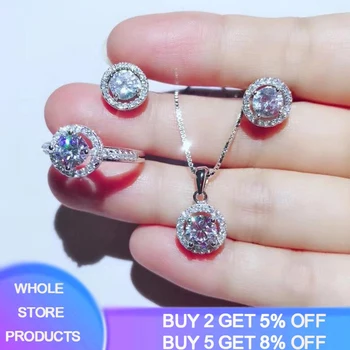 

YANHUI Original 925 Silver Bride Jewelry Sets Women Round Lab Diamond Wedding Ring + Necklace + Earrings Sets Silver 925 Jewelry