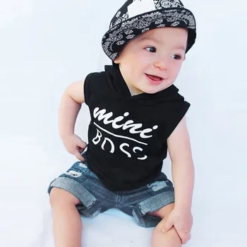 

boys clothes summer clothes Toddler Baby Boys Letter Print Vest Hooded Tops+Hole Denim Jean Short летняя одежда #4s Outfits