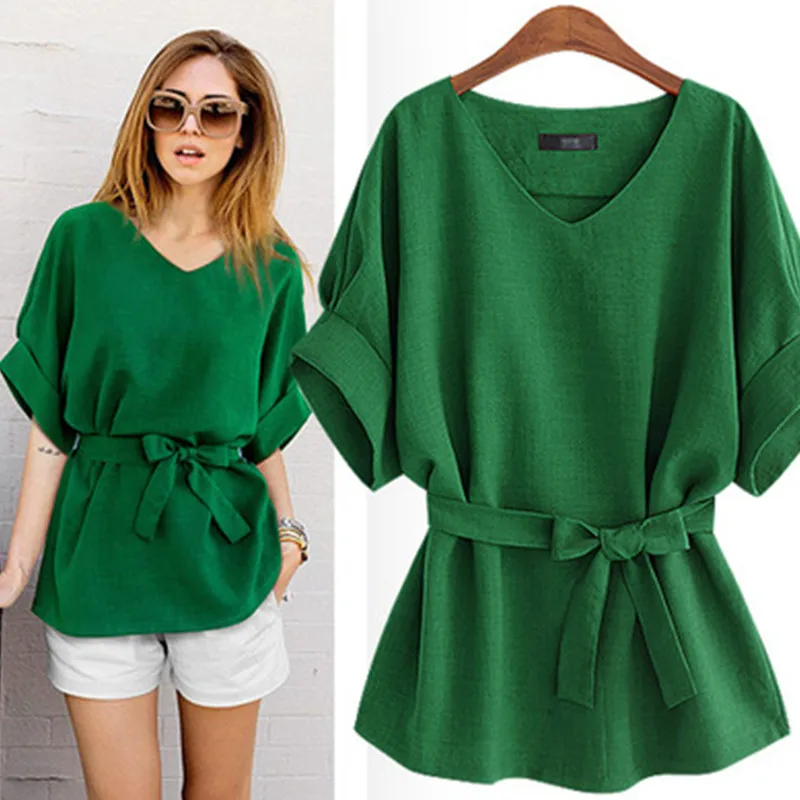 

Plus Size 5XL 2019 Women V Neck Short Sleeve Shirt Bat Sleeve Plus Size Loose High Waiste Linen Women Blouse Womens Tops