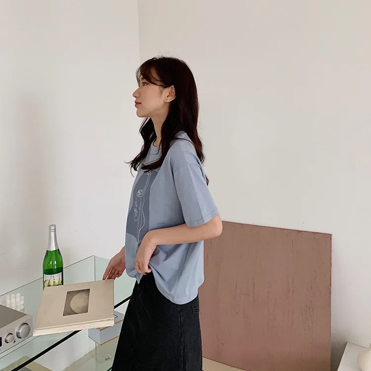 Abstract Print T-shirt Female Short Sleeve 2020 Summer New O-Neck Korean Women's Casual Tops Tees Harajuku