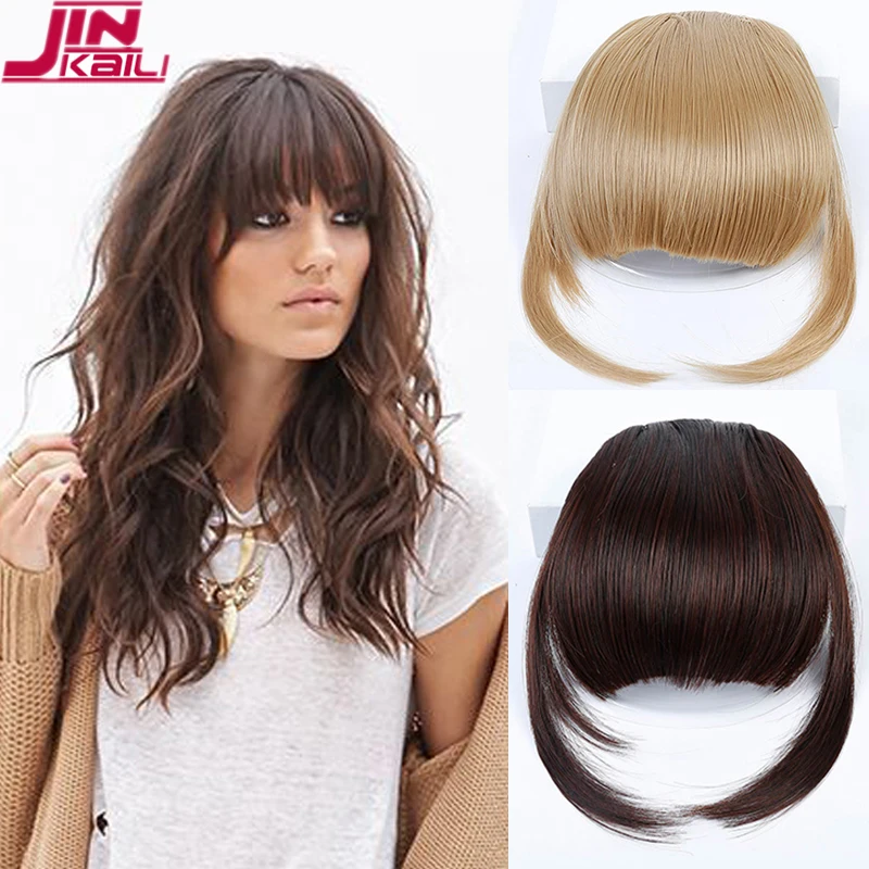 

JINKAILI Women Black Brown Short Front Neat False Fringe Clip In Bangs Hair Extensions With High Temperature Synthetic Fiber