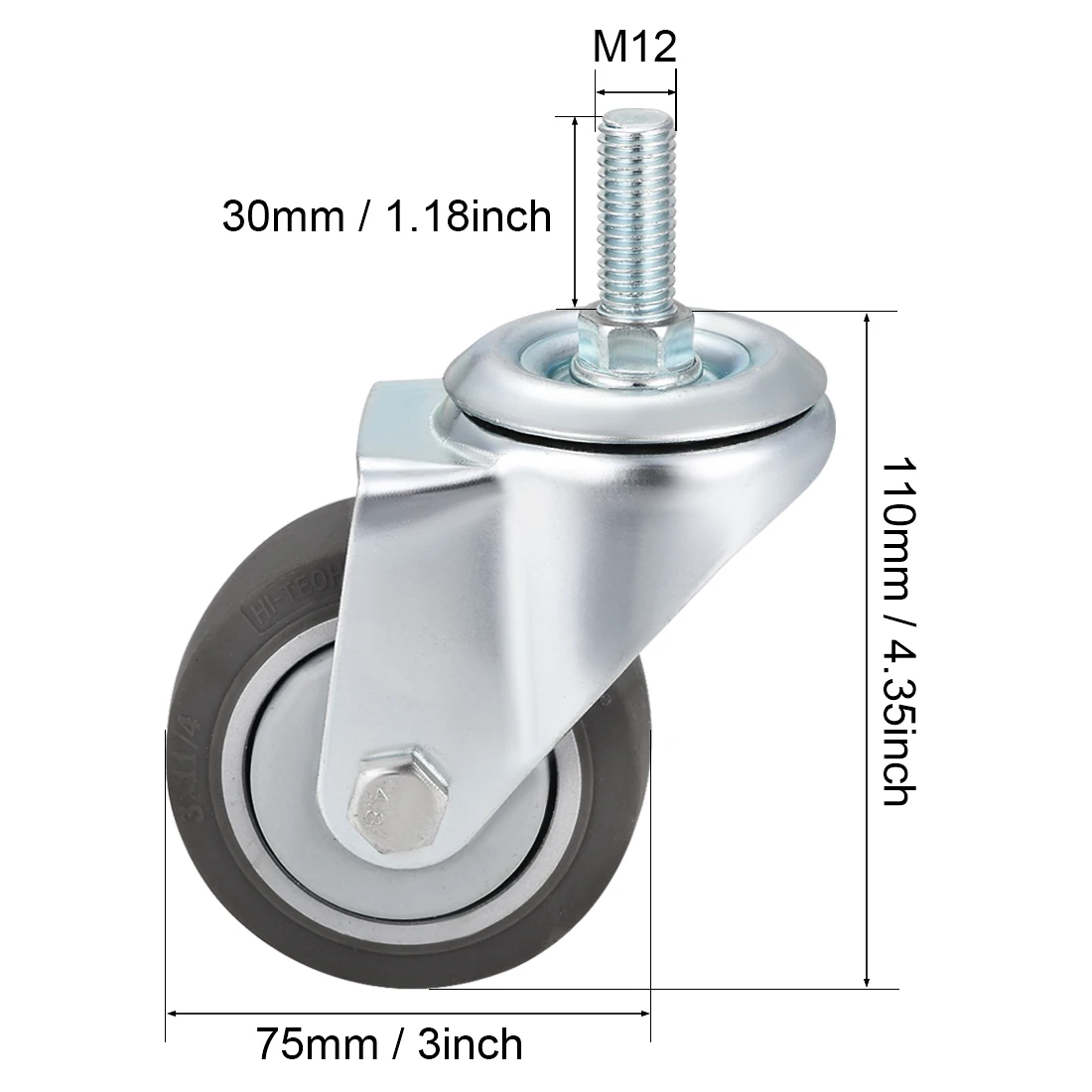 

uxcell Swivel Caster Wheels TPR Caster 3 Inch Wheel M12 x 30mm Thread with Brake 3 inch no Brake 2pcs