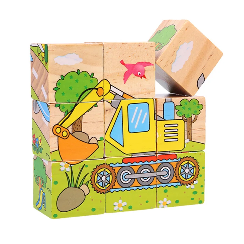 

Wooden Six-sided Drawing 9 Pieces of Cartoon Puzzle Children 3D Three-dimensional Wooden Baby Toddler Educational Toys