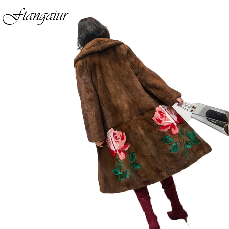 Fang Tai Fur Женская импортная бархатная норковая шуба с отложным воротником, Повседневная норковая шуба, Женская длинная Шуба с принтом из настоящей норки