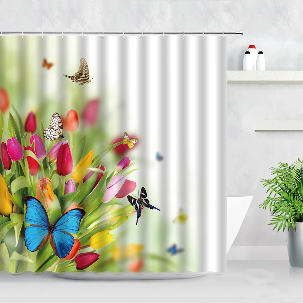 

Цветы тюльпана, занавеска для душа в ванную комнату, s, желтые, красные цветочные занавески с 3D рисунком растений, бабочки, занавески для ванной с крючками, наборы декоративных экранов