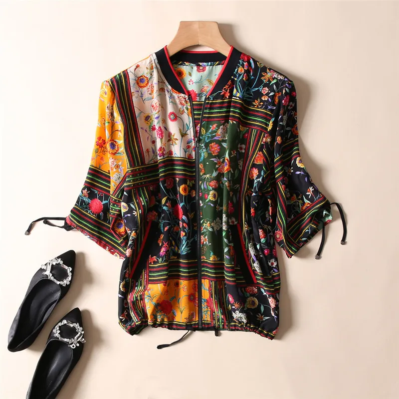 

Spring And Summer New Style WOMEN'S Dress Europe And America Positioning Printed Zipper Real Silk Cardigan Half-sleeve Shirt Sun