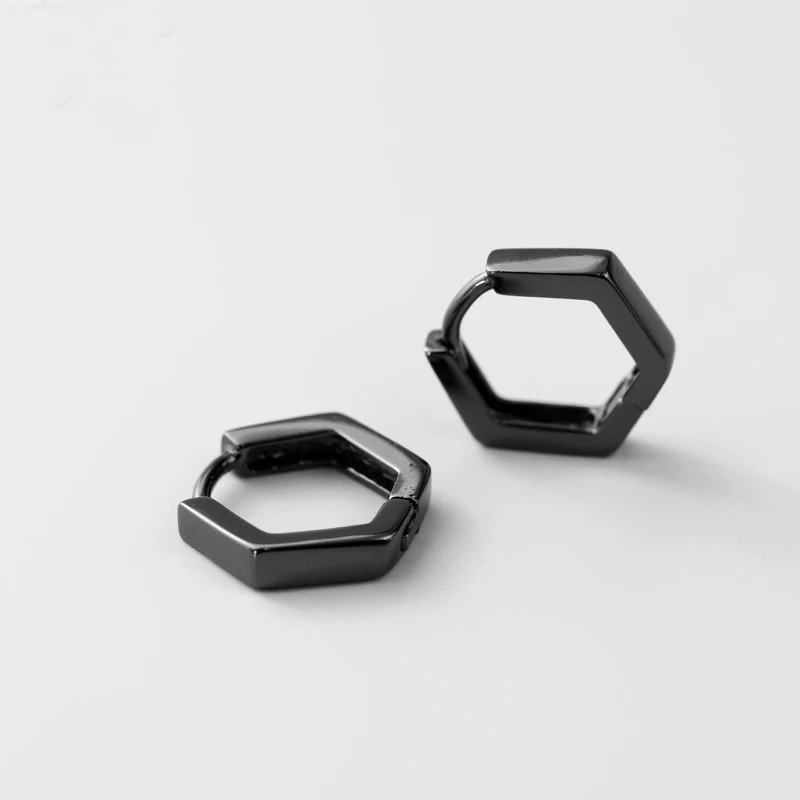 

100% Real 925 Sterling Silver Black hexagon Geometric Clip On Earrings for Women Men Unisex