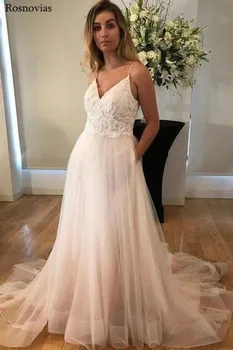

Boho Tull Skirts Wedding Dresses 2019 V Neck Backless Sweep Train Lace Appliques Vestido De Novia A Line Beach Bridal Gowns