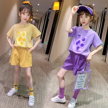 

Children Clothing Sets Summer Girls Sports Suit Cotton Print Short Sleeve Tshirt+Shorts 2Pcs Girl Purple Clothes 4 6 8 10 12 13Y