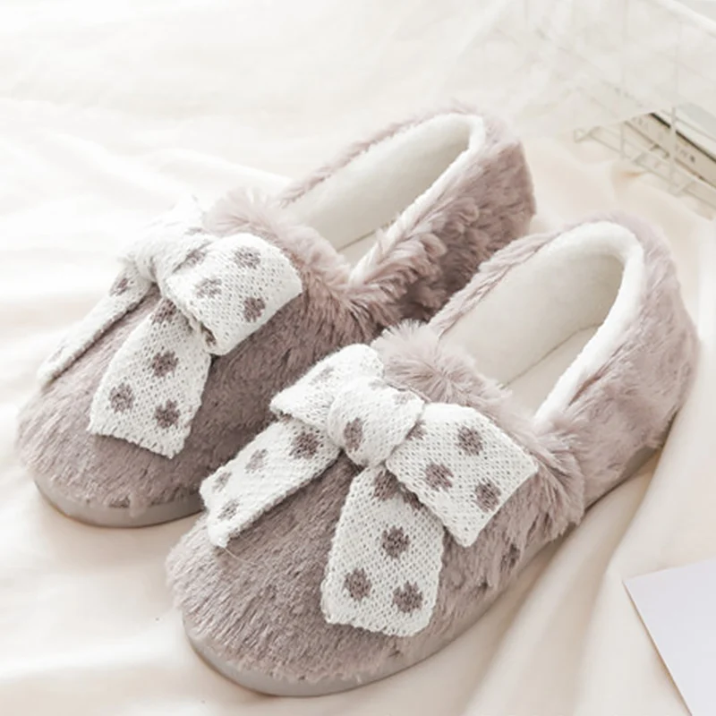 Home slippers Butterfly-knot Plush Warm Winter slippers Large Size 42 Indoor slippers Non slip Comfortable Bedroom slippers - Цвет: Gary