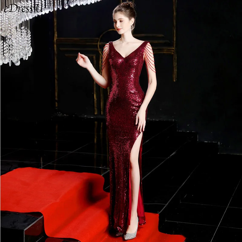 

Женское вечернее платье-русалка, с V-образным вырезом и рукавами с бусинами, 6 цветов