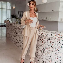 Two piece set sexy blazer suits Women lace up casual top and pants Office ladies fashion streetwear female