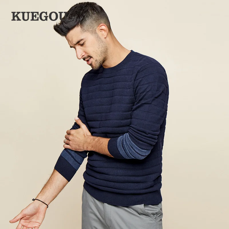 #Special Offers Kuegou Brand men's sweaters winter stripes round collar turtleneck sweater han edition tide line unlined upper garment AZ-17023