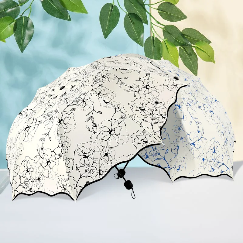 Chic Floral ANTI-UV Foldable Umbrellas Sun Compact Women Female Ladies Lady Windproof Rain Lovely Flower 8K Parasols Umbrella