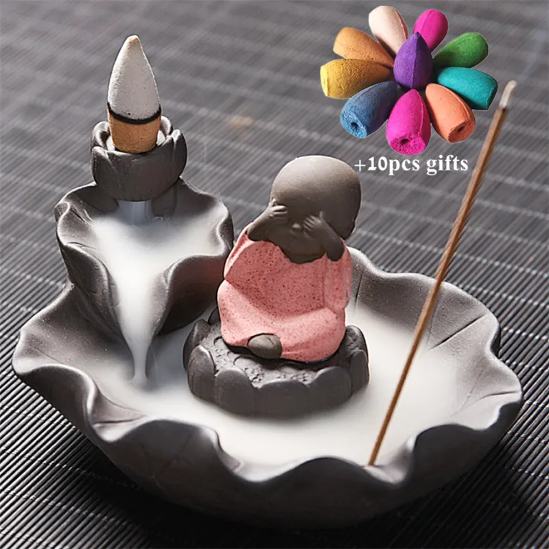 Ceramic Little Monk Lotus Backflow Incense Burner Home Decor Waterfall Aromatherapy Censer Incense Stick Holder+ 10pcs Cones - Цвет: Red-10pcs mixed