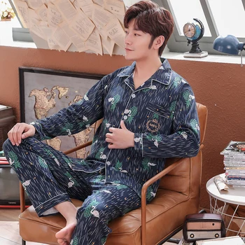 

Mens Pajamas Lapel Cardigan Homewear Swan Stripe Pattern Comfy Casual Cotton Sleepwear Long Sleeve Pants Nighties Pajama Set