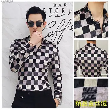 

Long Sleeve Slim Fit Casua Shirts Velour Men Dress Business Social Shirts Black And White Plaid Men Shirt