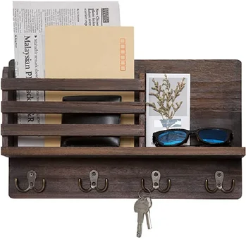 

Wall Mounted Mail Holder Coat Rack Hanger Key Hanger Wooden Mail Sorter Organizer with 4 Double Key Hooks Wall Shelf Wood
