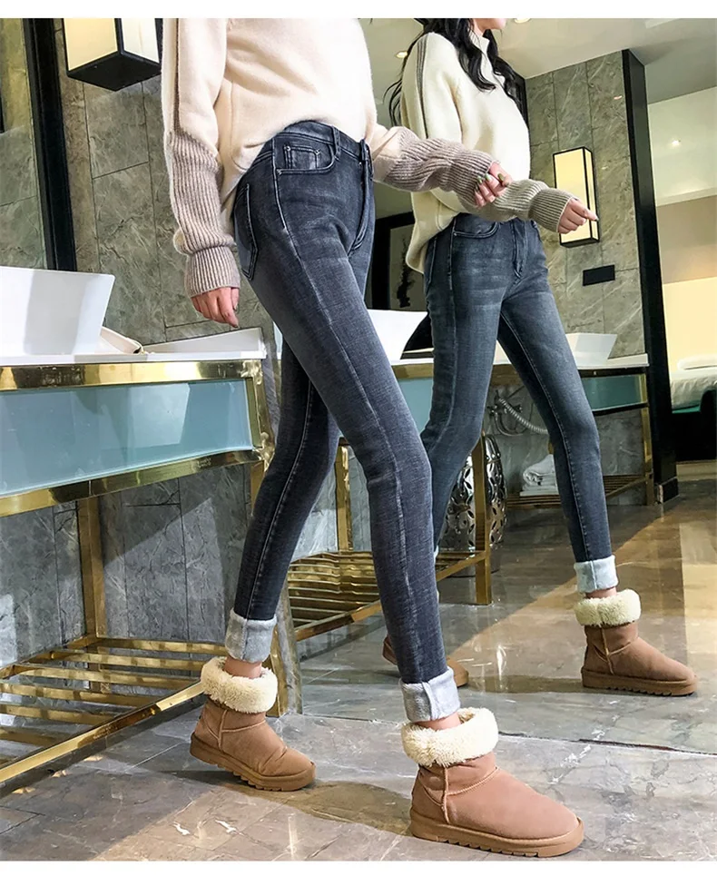 Обтягивающие зимние джинсы женские утепленные Флисовые женские офисные джинсовые брюки с высокой талией эластичные теплые джинсы женские зимние брюки бархатные