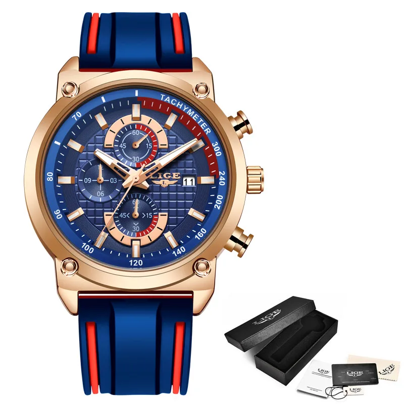 Rose gold blue LIGE новые мужские часы, Топ бренд, роскошные часы с циферблатом, мужские Модные силиконовые водонепроницаемые кварцевые золотые часы, мужские спортивные часы с хронографом - Цвет: Rose gold blue