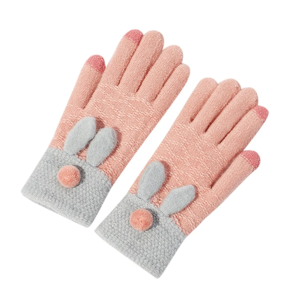 Powder Кроличьи перчатки с ушками женские зимние вязаные толстые плюшевые бархатные теплые варежки Нескользящие уличные велосипедные зимние перчатки guantes mujer - Цвет: Powder