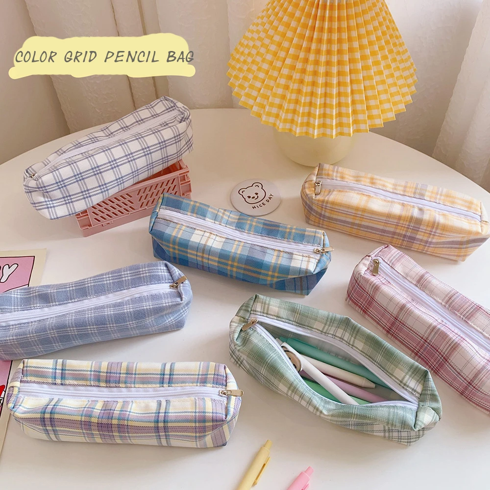 

BM Colorful Grid Cute Pencil Bag Simple Style Large Capacity Student Multifunctional Stationery Storage Bag Girl School Supplies