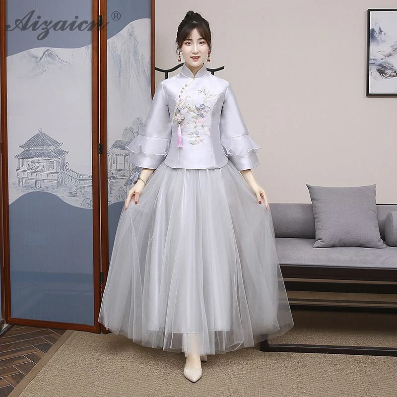 Серое винтажное платье подружки невесты Qi Pao, женское традиционное китайское платье, китайский халат, Современные платья для сестры, Qipao, акция, Халат