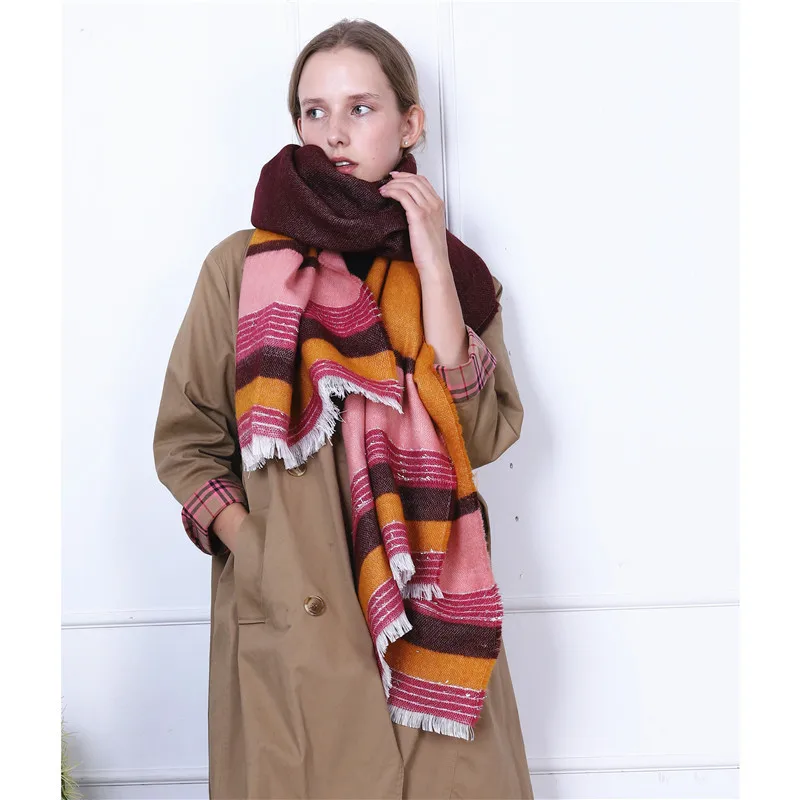 Яркий клетчатый шарф для Aw2019. Женский утолщенный Яркий шелковый полосатый цветной кашемировый теплый шарф-шаль