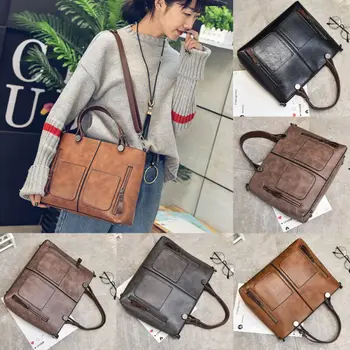 

Vintage PU Oil Wax Leather Handbag Luxury Lady Shoulder Bag With Purse Pocket Women Messenger Bags Big Tote Bolsas Mujer