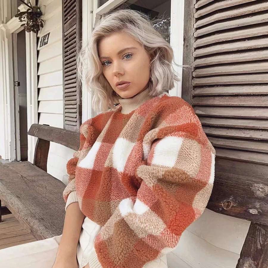 

KIYUMI Sweatshirt Women Loose Pullover 2019 Winter Casual Long Lantern Sleeves Lambswool Plaid Sweatshirts Thick Free Sweatshirt