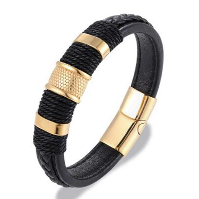 Classic Black Leather Wrap Bracelet for Men Metal Magnetic Clasp Fashion Bangle Bracelet Birthday Gift A7833-Gold-23cm