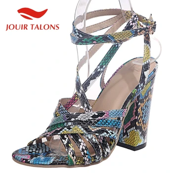 

2020 New Arrivals Fashion Sexy Plus Size 43 Colorful Snake Printed Square High Heels Party Sandals Women Shoes