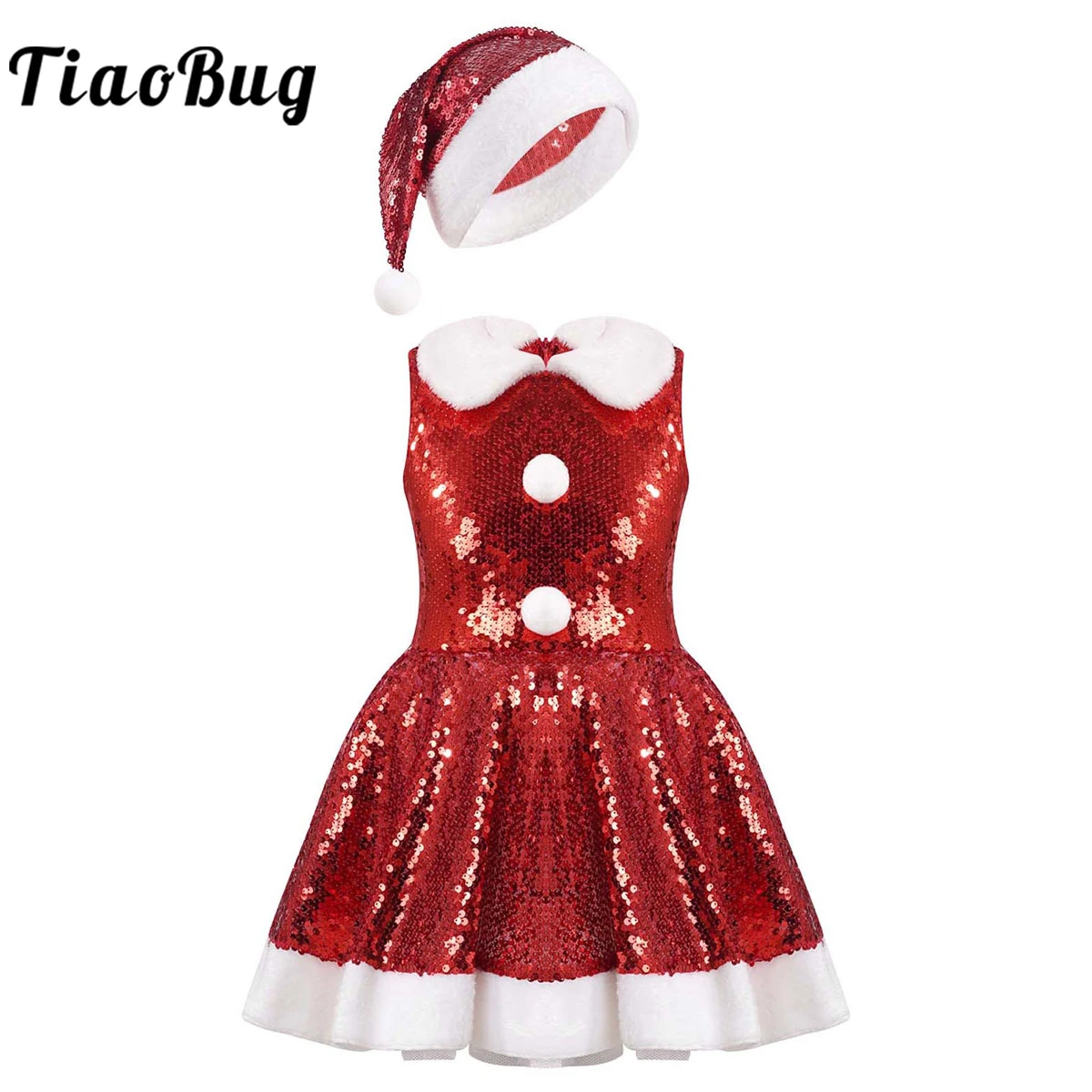 TiaoBug Kids Girls Miss Santa Claus Costumes Christmas Tutu Dress Dancewear Figure Ice Skating Dance Dress Outfits
